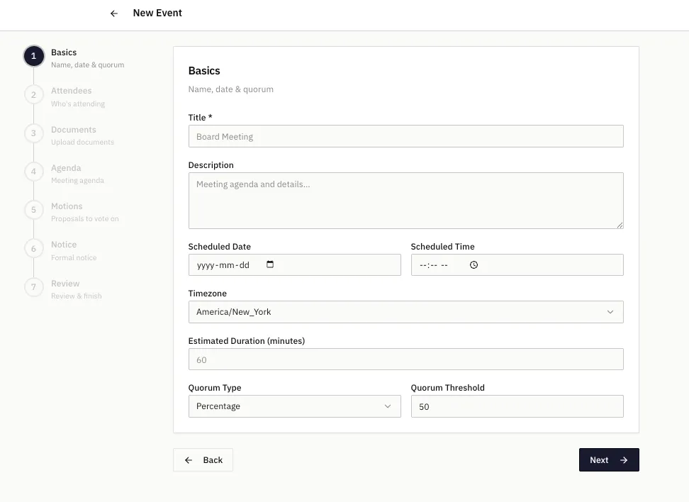 EasyGavel 7-step meeting setup wizard showing basics configuration